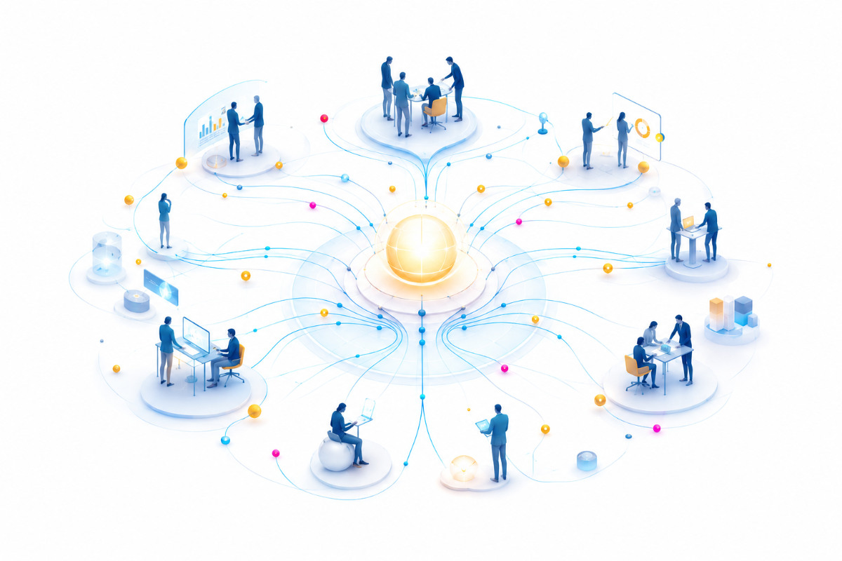 Des professionnels reliés convergent vers un noyau lumineux central